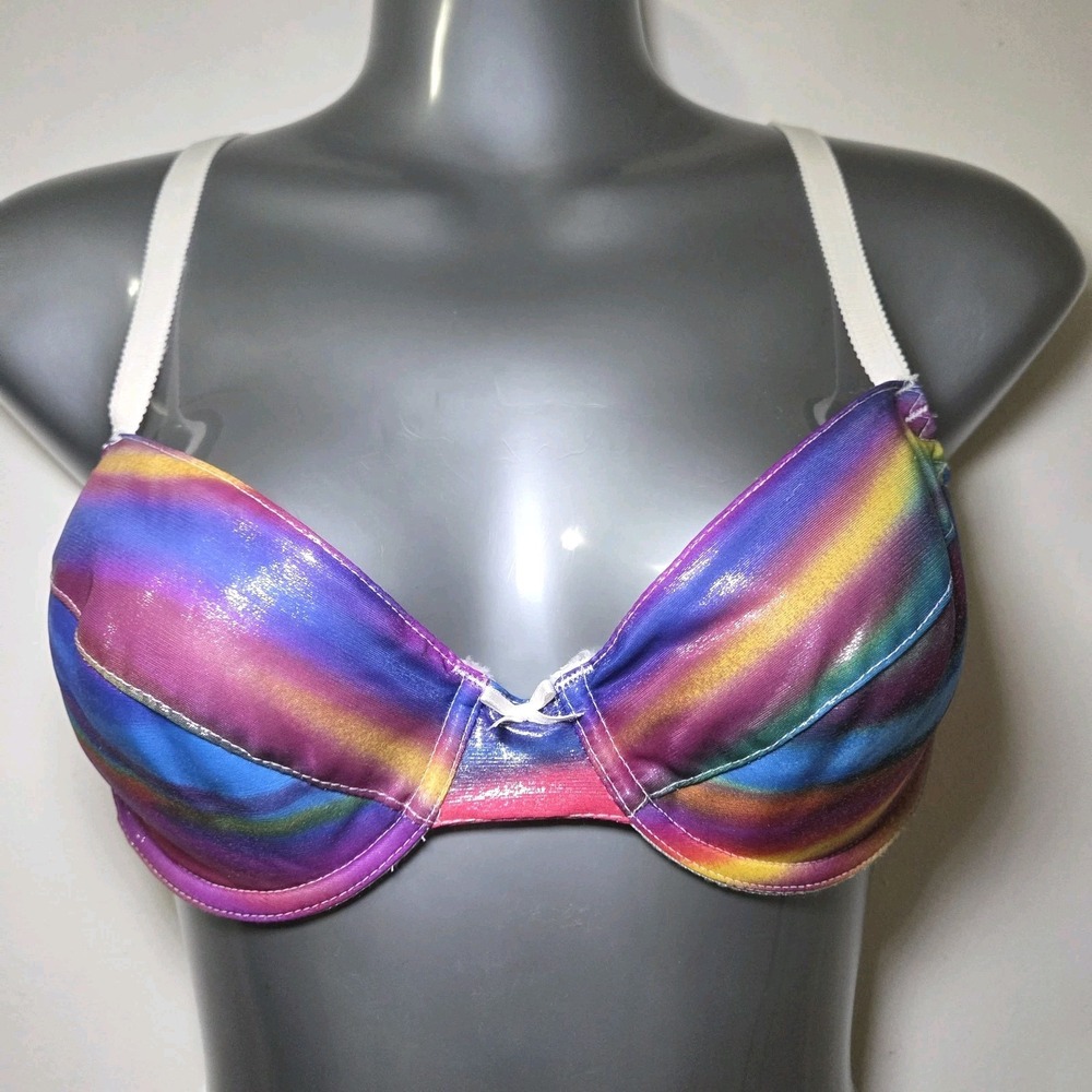 Womens 36C Rainbow Satin Underwire Bra Y2K Retro Multicolor Wet‎ Look Hong Kong